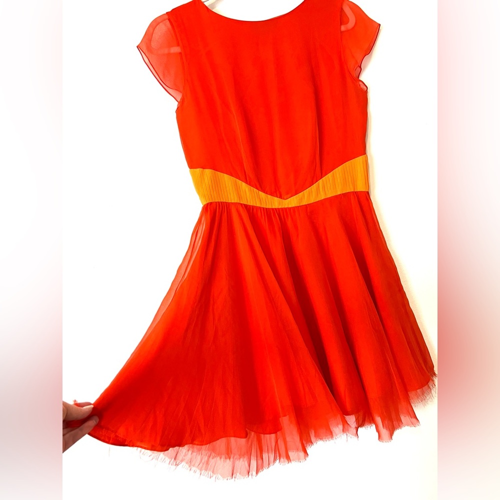 Porter Grey 100% Silk Blood Orange Pleated Dress - Picture 4 of 7